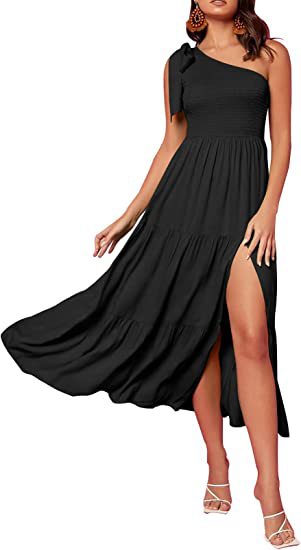 2026 New Summer Fashion Women's One-shoulder Pleated Layered Hem Split Dress
