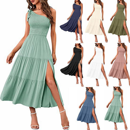 2026 New Summer Fashion Women's One-shoulder Pleated Layered Hem Split Dress